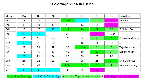Kalender 2015 für China Feiertage Kalender 2015 für China Feiertage
