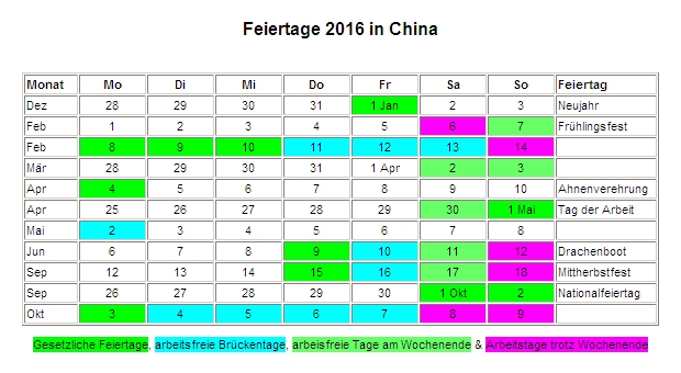 Kalender 2016 f�r China Feiertage