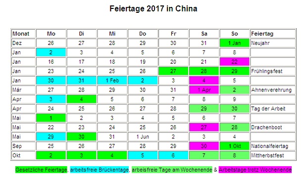 Kalender 2017 für China Feiertage Kalender 2017 für China Feiertage